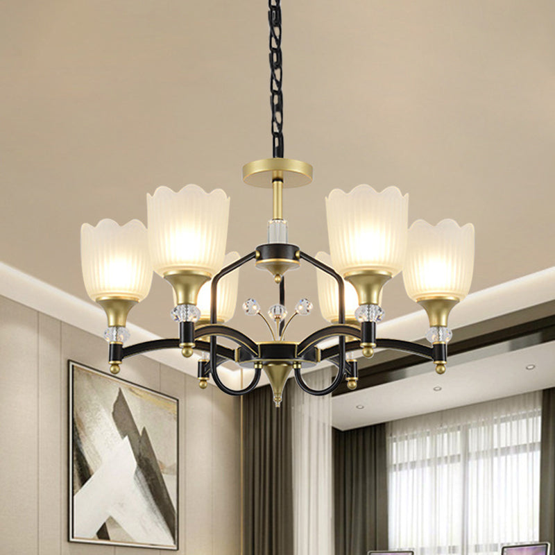 Opal Glass Scalloped Suspension Lighting Fixture Traditional 3/6-Head Bedroom Chandelier Light in Black and Gold