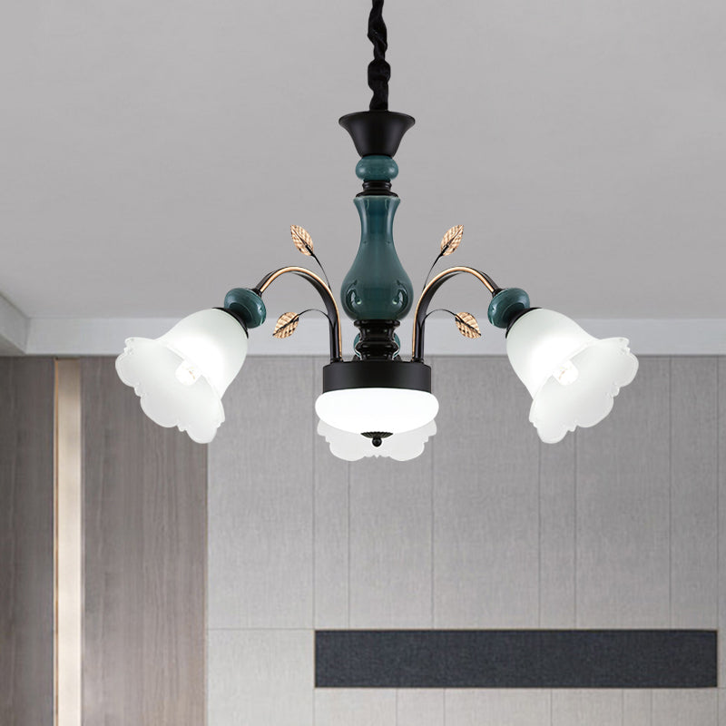 Bowl Metal Down Pendant Chandelier Countryside 3-Light Dining Room Hanging Lamp with Bloom Opaline Glass Shade in Green