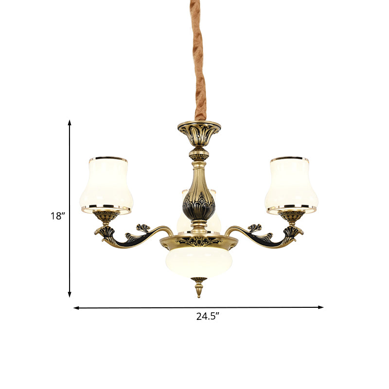 Minimalism Trumpet Pendant Light 3/6 Bulbs Milky Glass Hanging Chandelier with Curvy Arm in Black-Gold for Living Room