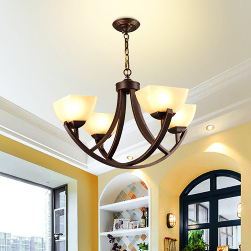 4/6 koppen plafond kroonluchter klassieke trapeziumvormige melkglas hangende hanger met boogarm in brons voor slaapkamer