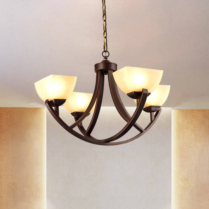 4/6 Heads Ceiling Chandelier Classic Trapezoidal Milk Glass Hanging Pendant with Arc Arm in Bronze for Bedroom