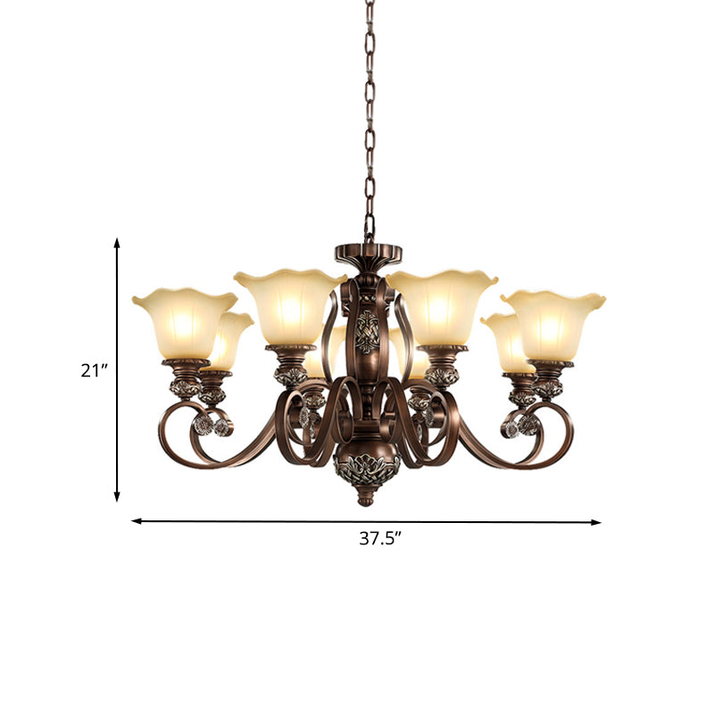 Countryside Bloom Pendant Chandelier 8 Bulbs Opaline Glass Hanging Lamp with Scrolled Arm in Bronze for Living Room