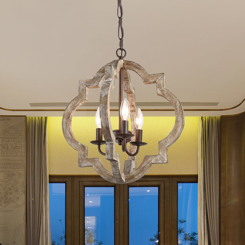 4 Lights Candle-Style Ceiling Chandelier Countryside Beige Wood Pendant Lamp with Globe Cage