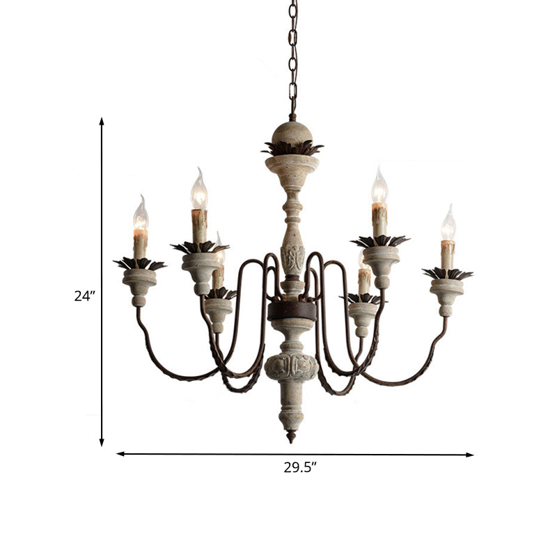 Candelabra Wood Hanging Light with Gooseneck Arm Minimalism 6-Bulb Restaurant Chandelier Lighting in Beige