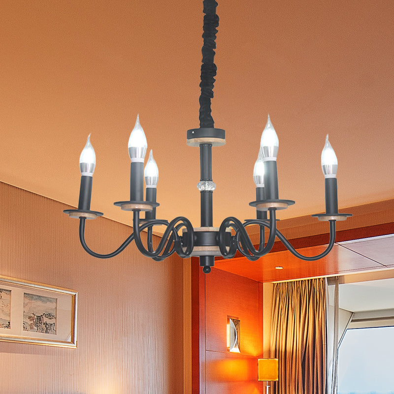 Vintage kaarsenvorm hanger kroonluchter 6 koppen metallic duikarm ophanging verlichting in het zwart voor woonkamer
