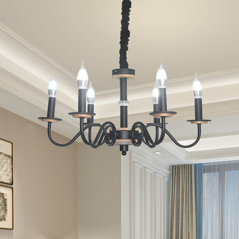 Vintage Candle Shape Pendant Chandelier 6 Heads Metallic Swooping Arm Suspension Lighting in Black for Living Room