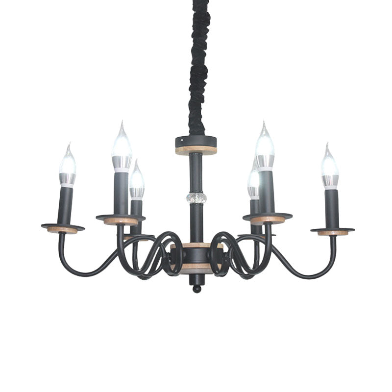 Vintage Candle Shape Pendant Chandelier 6 Heads Metallic Swooping Arm Suspension Lighting in Black for Living Room