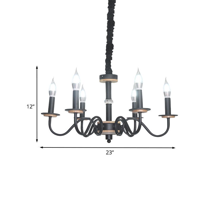 Vintage Candle Shape Pendant Chandelier 6 Heads Metallic Swooping Arm Suspension Lighting in Black for Living Room