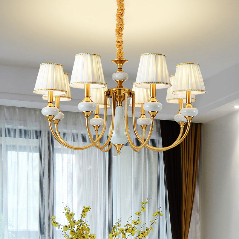 Gouden taps toelopende geplooide hanger Kroonluchter Traditionele stof 8-lichte eetkamer hangende plafondverlichting