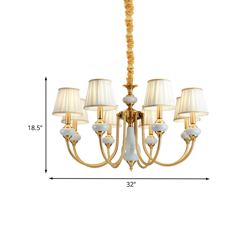 Gold Tapered Pleated Pendant Chandelier Traditional Fabric 8-Light Dining Room Hanging Ceiling Lighting