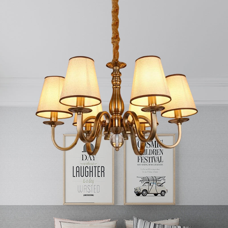 Vintage Cone Suspension Light 6/8 Bulbs Fabric Hanging Chandelier with Curving Arm in Brass for Living Room