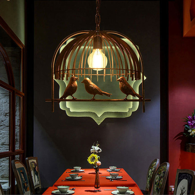 Enkele kop plafondlicht platteland kooi -stijl metallic hangende lampkit met vogeldecoratie in brons