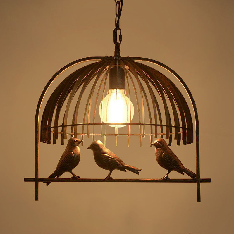 Single Head Ceiling Light Countryside Cage Style Metallic Hanging Lamp Kit with Bird Decoration in Bronze