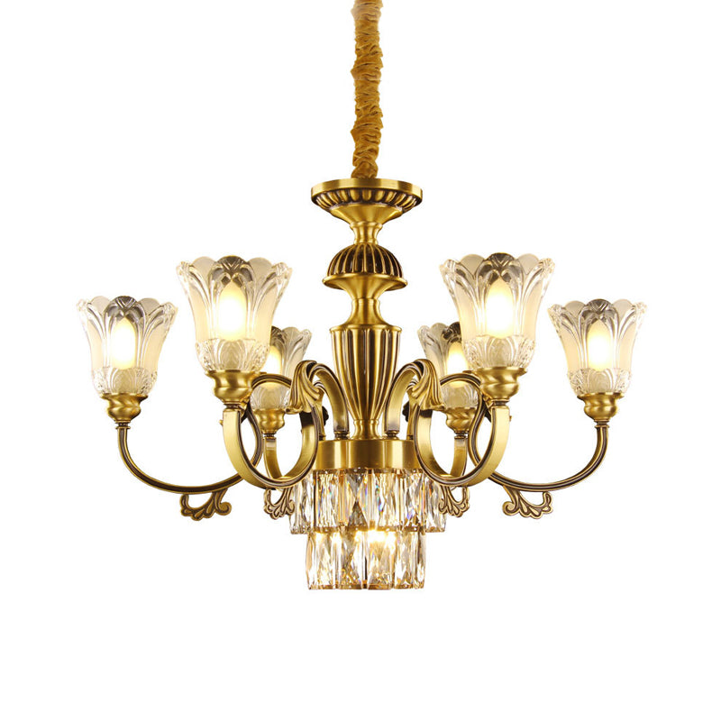 Mid-Century Floral Shade Pendant Chandelier 9-Head Prismatic Optical Crystal Pendulum Light in Brass