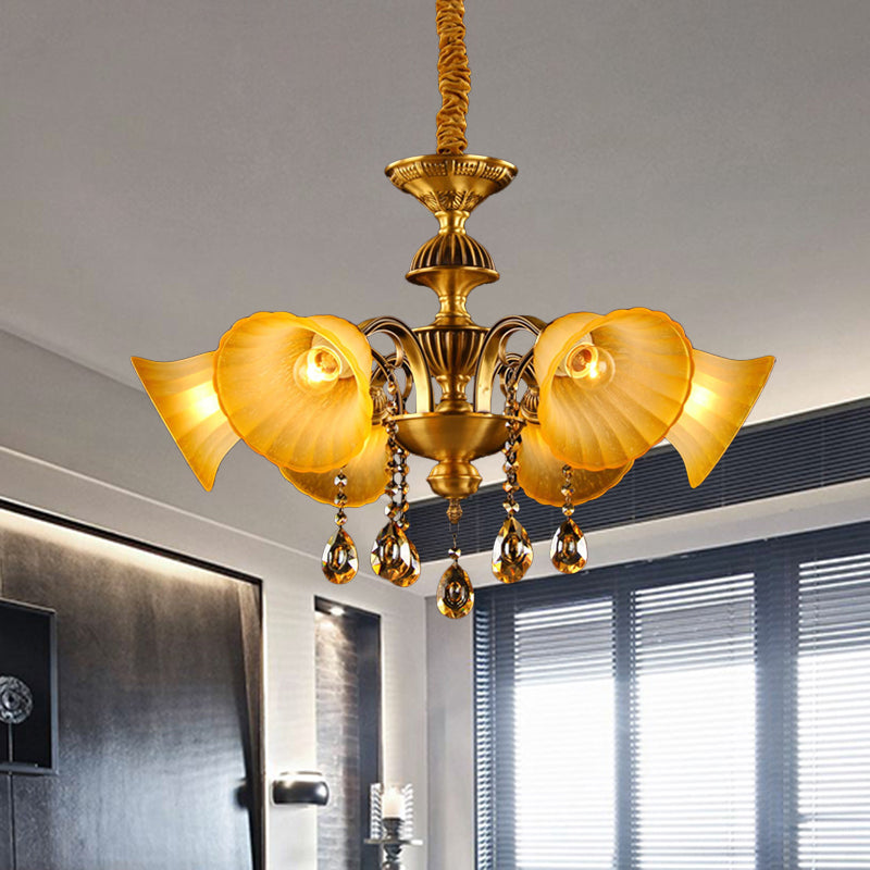 Brass 6 Lights Suspension Lamp Classic Draping Crystal Ball Bell Shade Chandelier Lighting Fixture