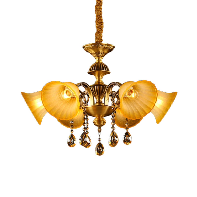 Brass 6 Lights Suspension Lamp Classic Draping Crystal Ball Bell Shade Chandelier Lighting Fixture