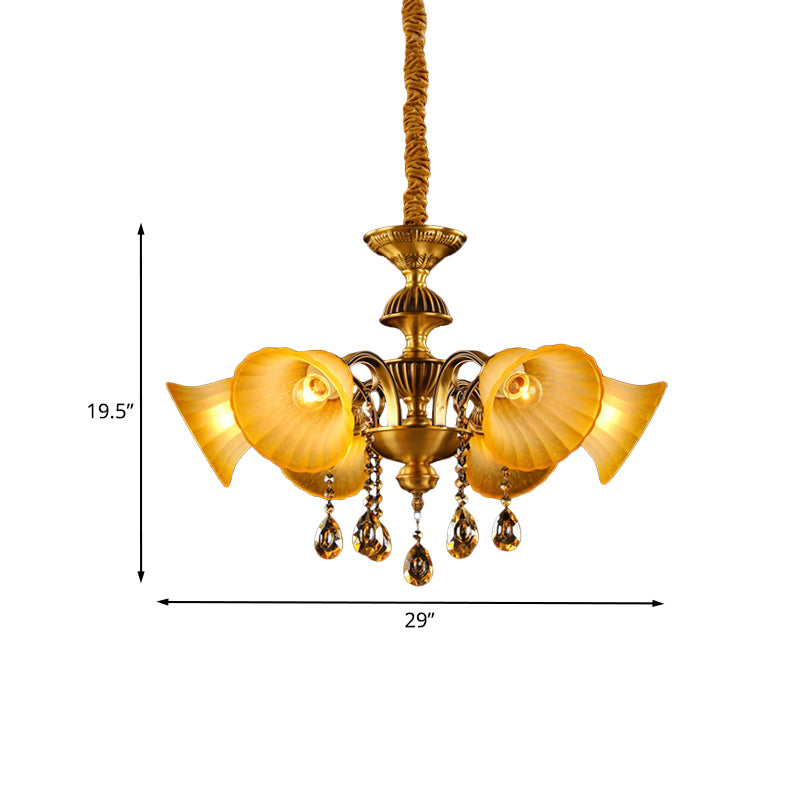 Brass 6 Lights Suspension Lamp Classic Draping Crystal Ball Bell Shade Chandelier Lighting Fixture