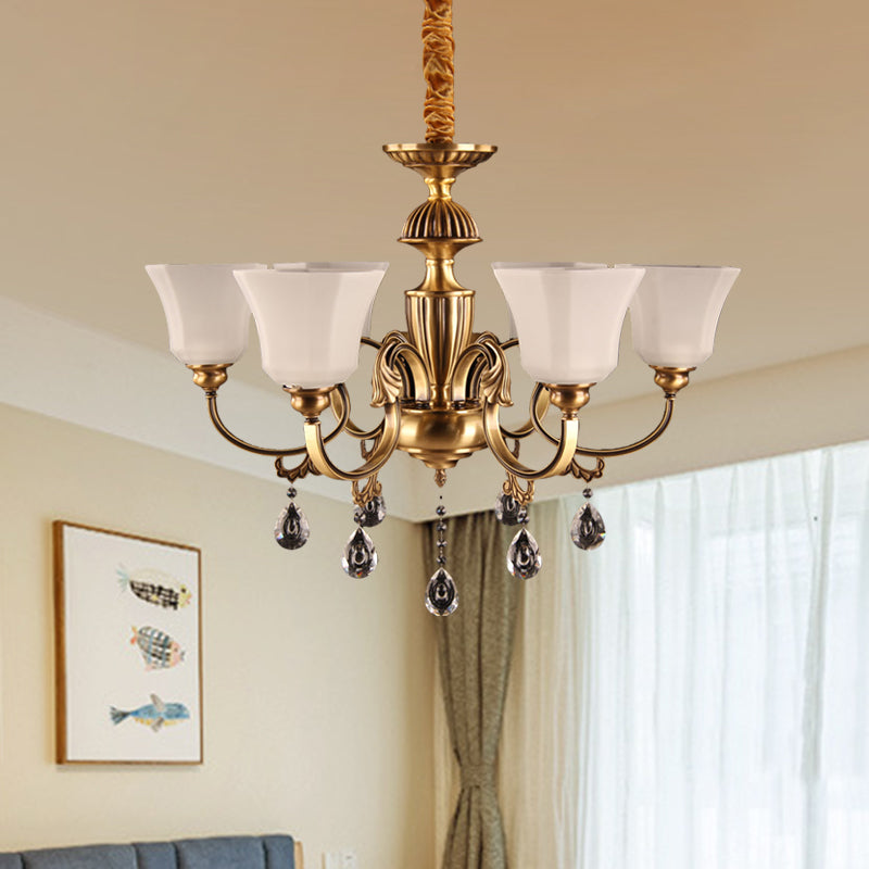 6-Bulb Chandelier with Bell Shade Frosted Glass Classic Hallway Ceiling Suspension Lamp in Brass