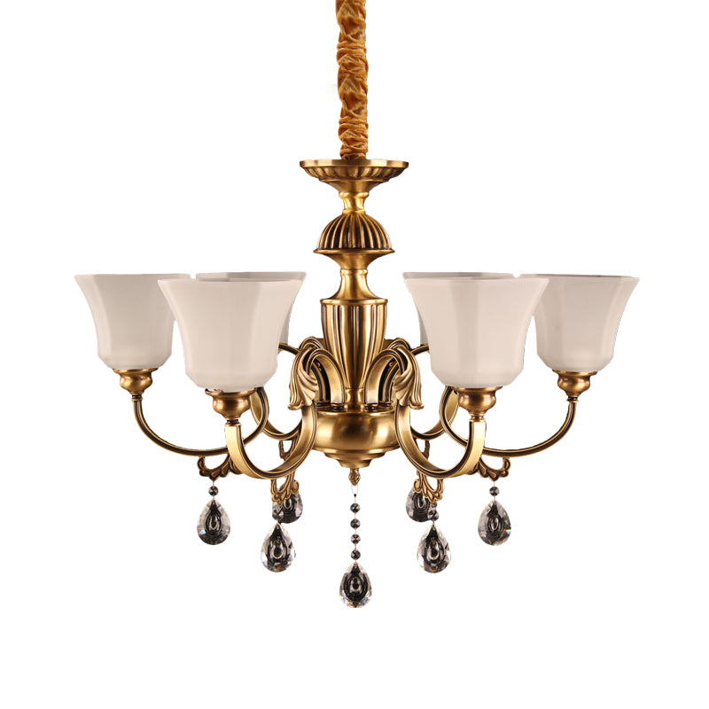 6-Bulb Chandelier with Bell Shade Frosted Glass Classic Hallway Ceiling Suspension Lamp in Brass