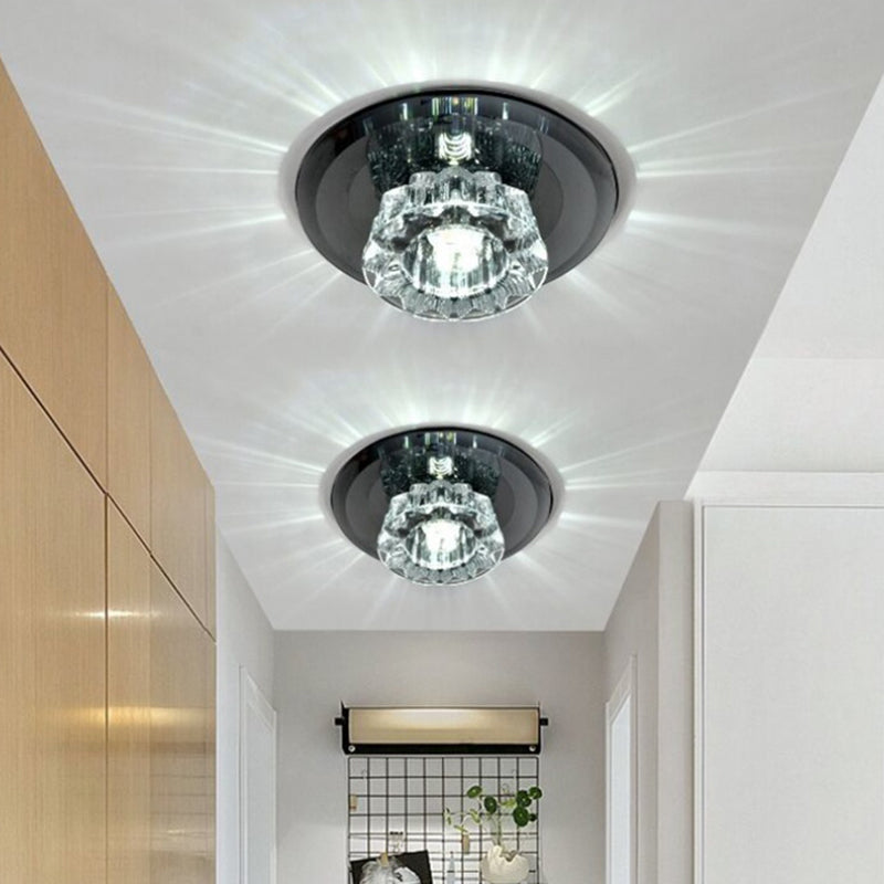 LED Flush-Mount Light Fixture Simple Bowl Faceted Glass Close to Ceiling Light in Black