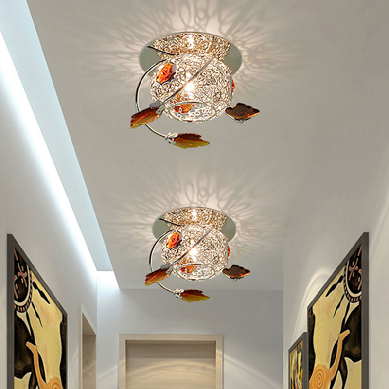 Leaf Corridor Flushmount Light Modernism Faceted Tan Crystal 1 Light Lighting Fixture with Globe Cage Shade