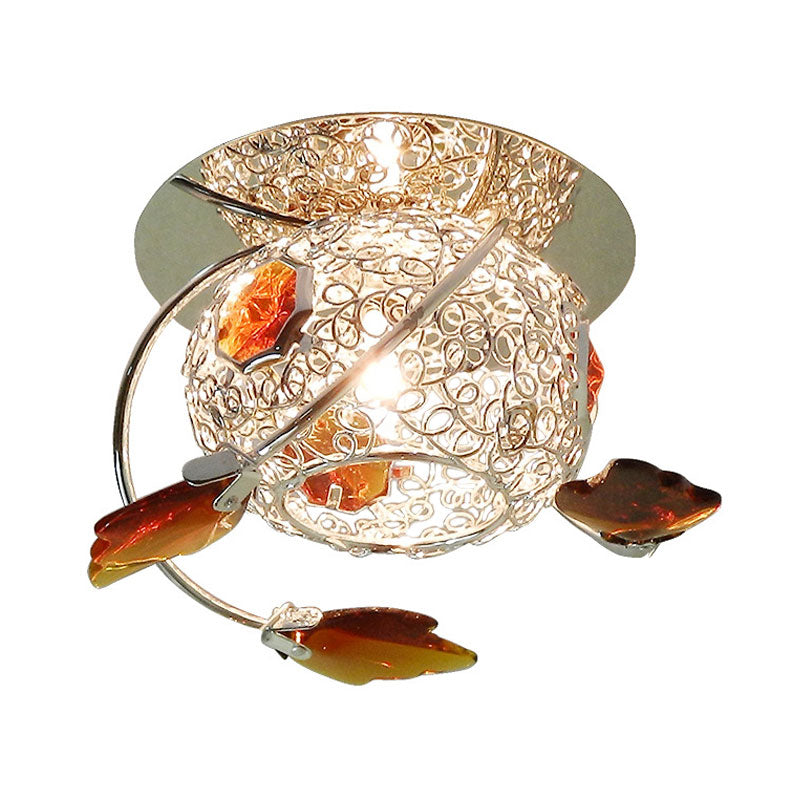 Leaf Corridor Flushmount Light Modernism Faceted Tan Crystal 1 Light Lighting Fixture with Globe Cage Shade