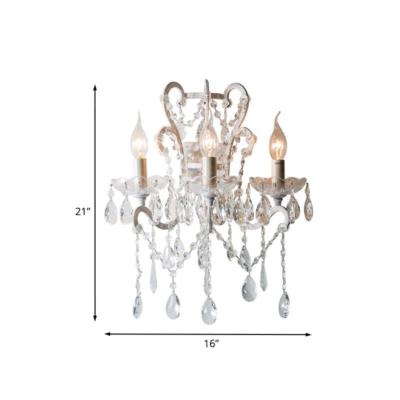 Candlestick Crystal Teardrop Wall Light Sconce Simple 3 Bulbs Dining Room Wall Lighting Idea in White