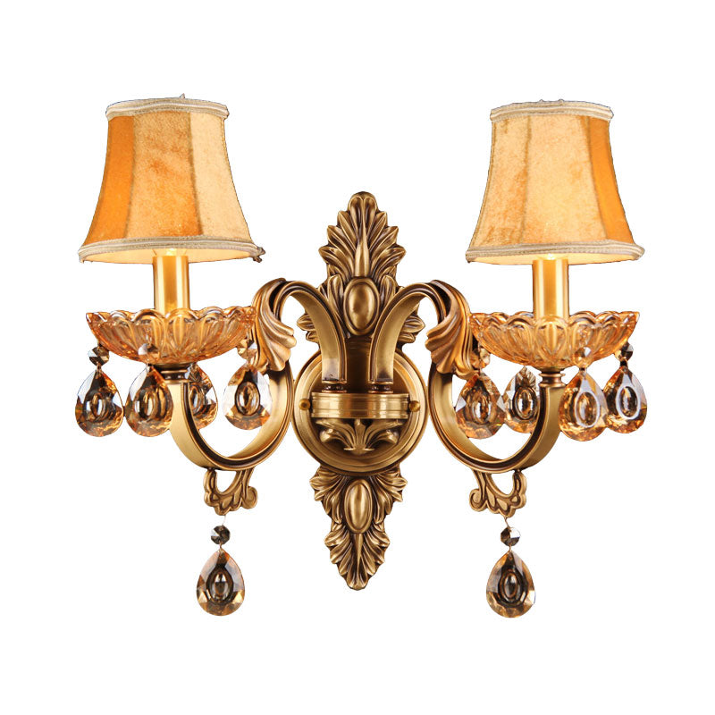 Crystal Raindrop Fabric Shade Sconce Countryside Bedroom Wall Éclairage mural en laiton