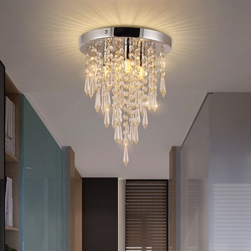 3 Lights Close to Ceiling Lighting Fixture Nordic Draping Crystal Droplet Flush Mount in Chrome