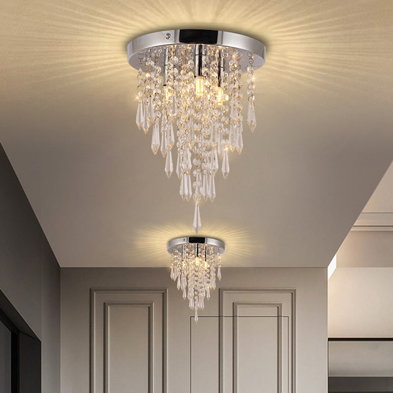 3 Lights Close to Ceiling Lighting Fixture Nordic Draping Crystal Droplet Flush Mount in Chrome