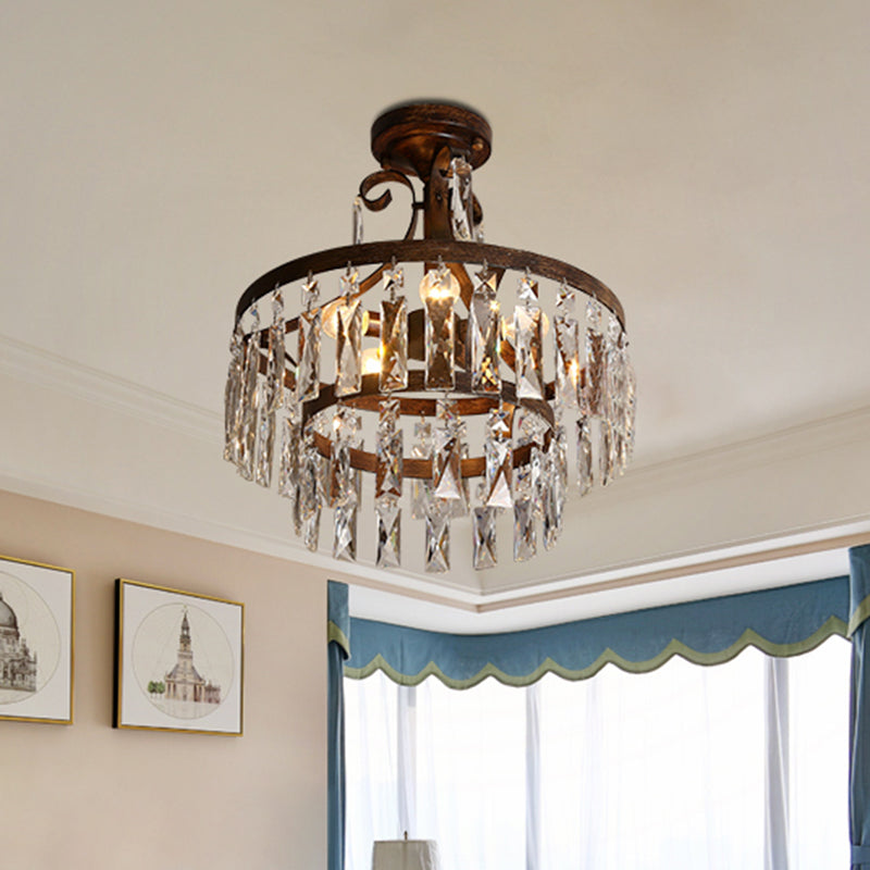 5 Heads Semi Flush Light Vintage Drum Crystal Flute Close to Ceiling Lighting Fixture in Black