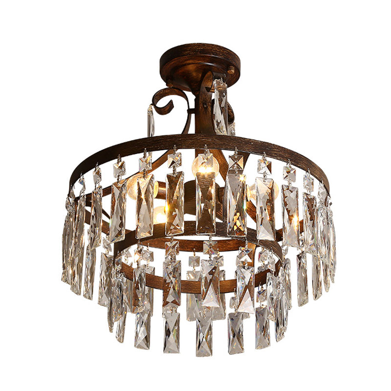 5 Heads Semi Flush Light Vintage Drum Crystal Flute Close to Ceiling Lighting Fixture in Black