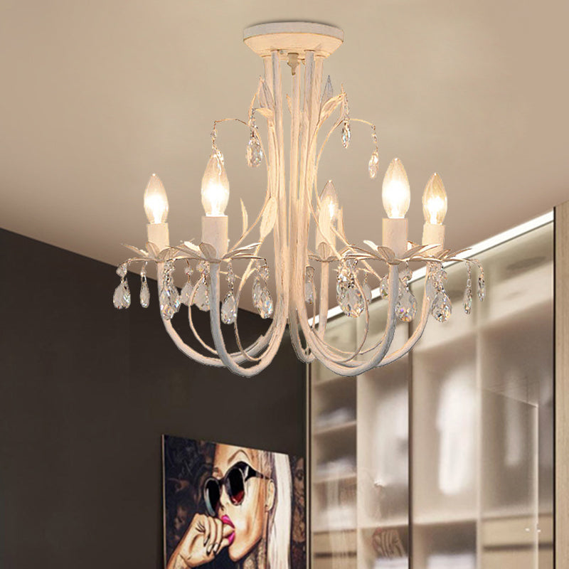 Candlestick Dining Room Semi Flush Light Contemporary Crystal Raindrop 5 Lichten wit dicht bij plafondlicht