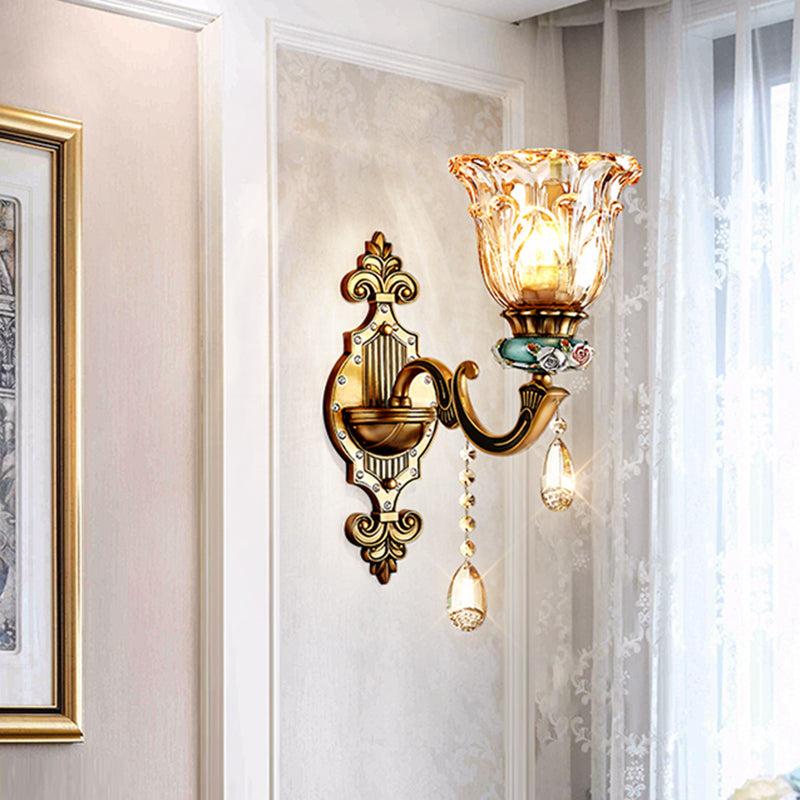 1-Head Sconce Light Fixture Simple Floral Design Crystal Prism Wall Lighting Idea in Brass