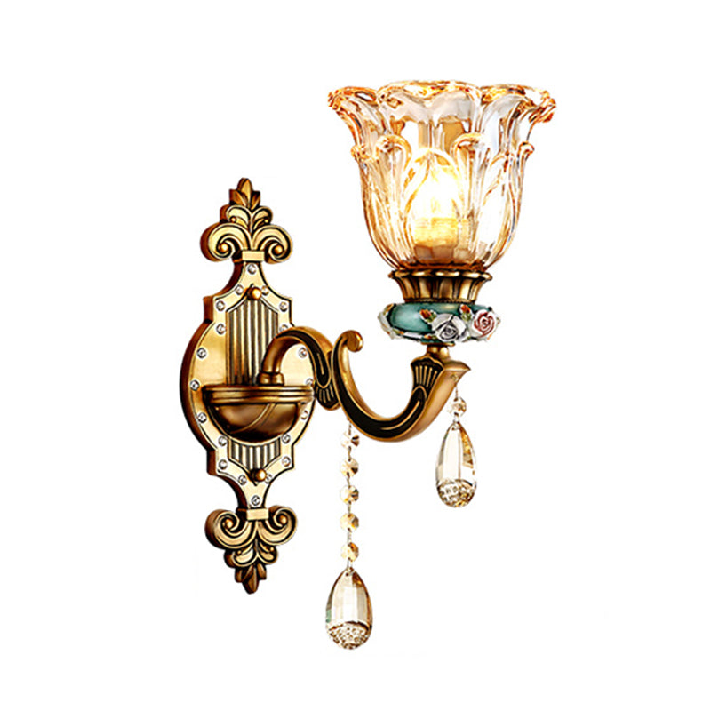 1-Head Sconce Light Fixture Simple Floral Design Crystal Prism Wall Lighting Idea in Brass