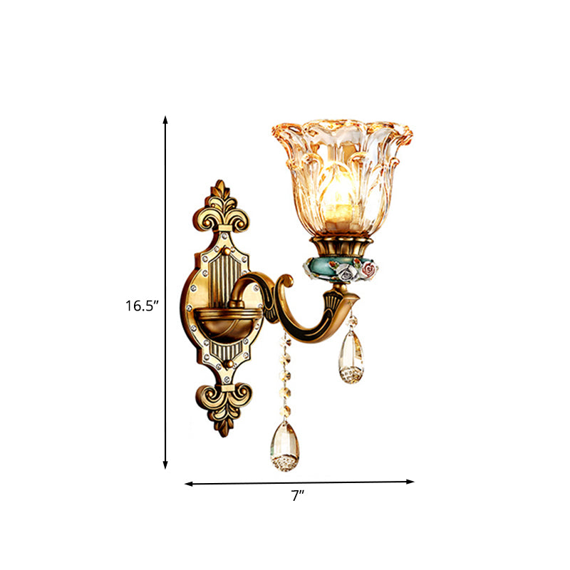 1-Head Sconce Light Fixture Simple Floral Design Crystal Prism Wall Lighting Idea in Brass
