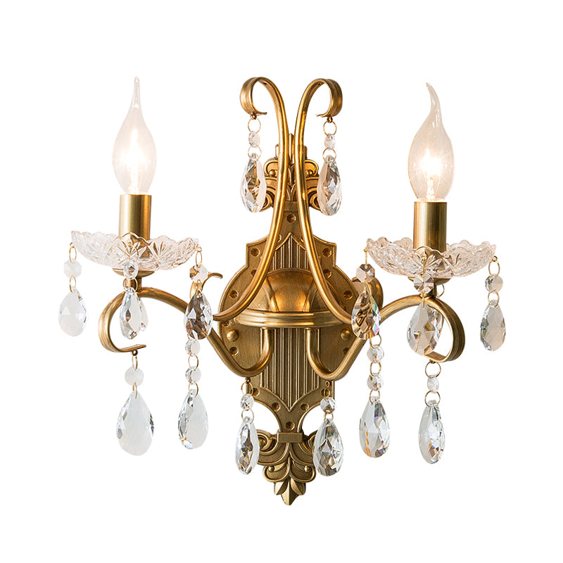 2 Bulbs Wall Light Fixture Traditional Candlestick Draping Crystal Raindrop Sconce Light in Gold