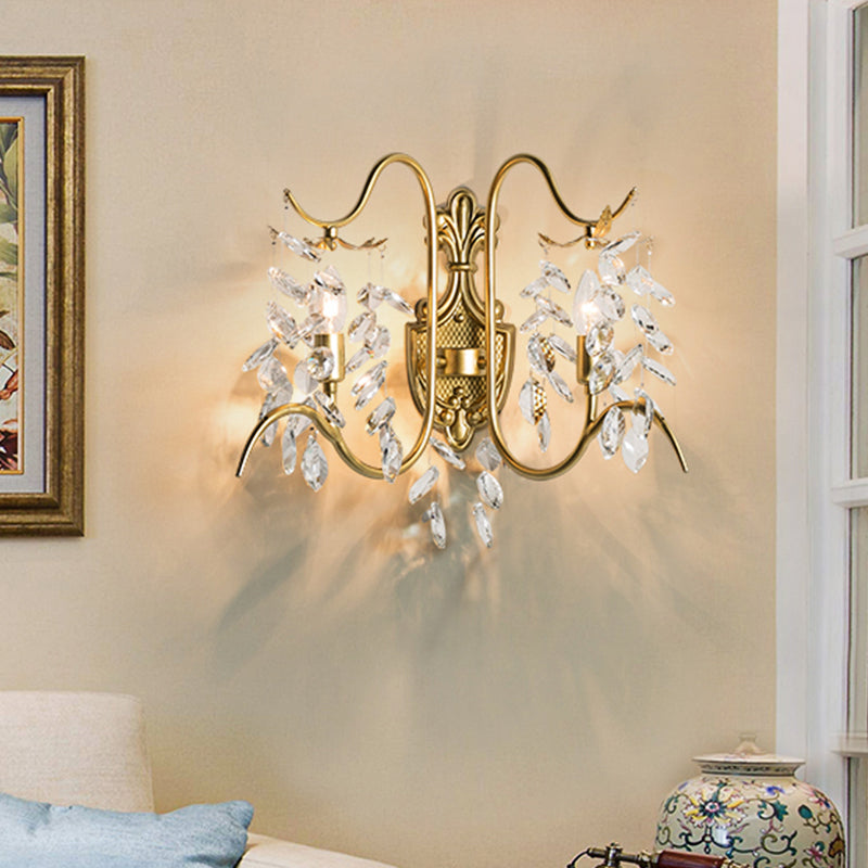 Gold Leaves Sconce Light Original Crystal Drip 2 Lights Guest Room Wall Lighting Fixture