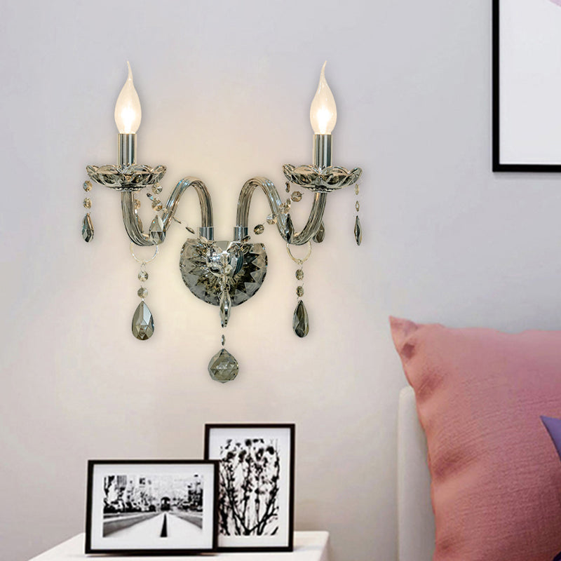 Crystal Teardrop Smoke Grey Wall Sconce Candlestick 1/2-Bulb Traditional Wall Mount Light