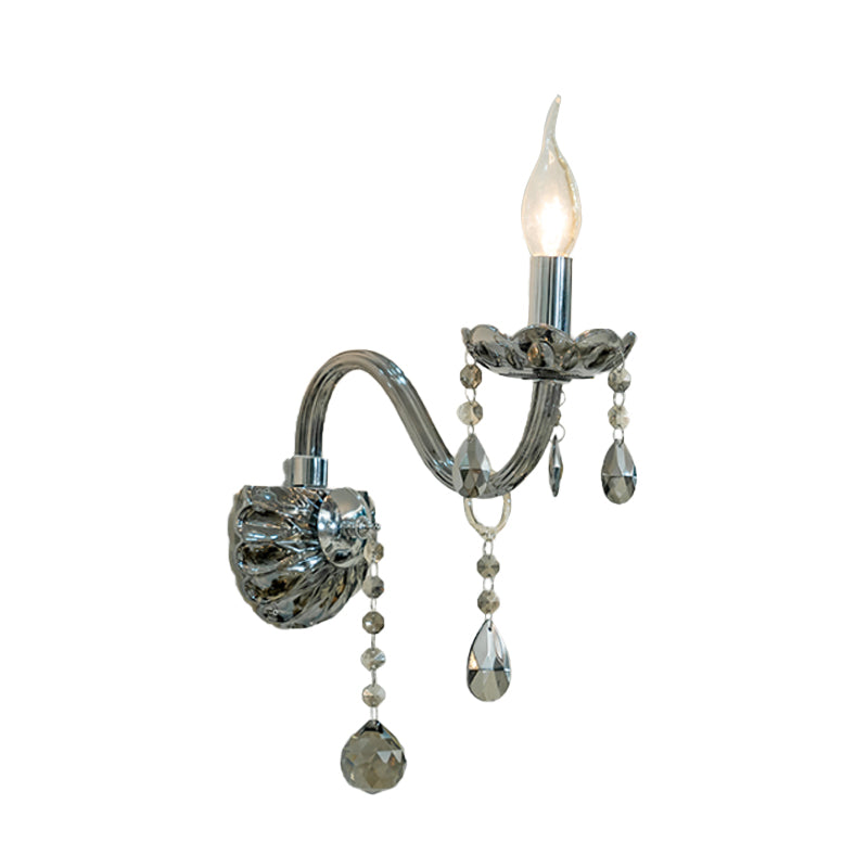 Crystal Teardrop Smoke Grey Wall Sconce Candlestick 1/2-Bulb Traditional Wall Mount Light