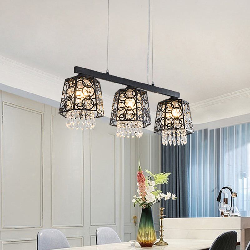 Black Ironic Shade Hanging Island Light Modern Crystal Droplet 3 Heads Kitchen Pendant Light Fixture