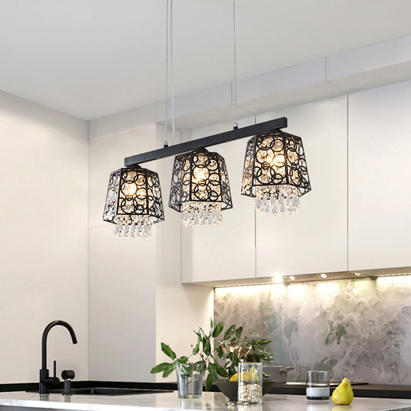 Black Ironic Ombre Isola Isola Luce Modern Crystal Droplet 3 Heads Cucina Lampada a sospensione