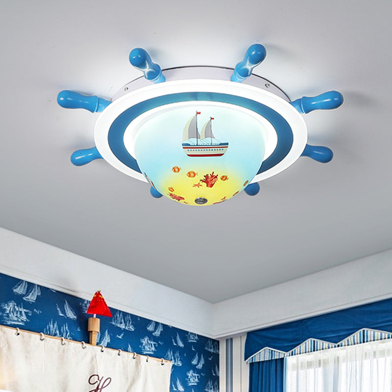 Nautical Rudder Flush Mount Pendant Fixture Acrylic LED Bedroom Ceiling Lighting with Sailboat Pattern in Blue and White