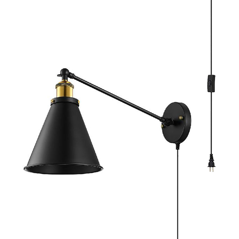 Rotatable Cone Metal Plug In Sconce Lamp with Plug-In Cord Industrial Style 1 Head Bedroom Wall Light in Black
