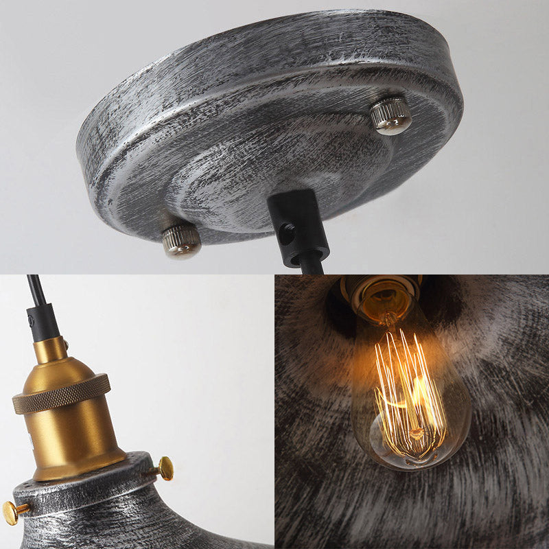 Silver Gray 1 Bulb Pendant Lamp Antique Style Metal Bowl Shade Hanging Light with Plug-In Cord