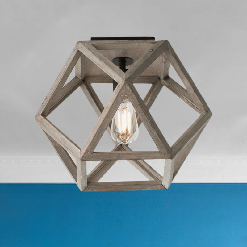 Beige Single Bulb Ceiling Lighting Minimalism Wood Candle-Like Flush Mount Fixture with Pentagon Cage
