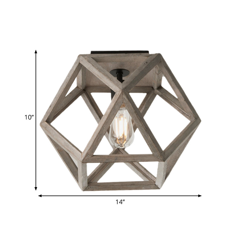 Beige Single Bulb Ceiling Lighting Minimalism Wood Candle-Like Flush Mount Fixture with Pentagon Cage