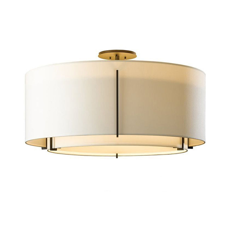 Dual Drum Fabric Close to Ceiling Lighting Traditional 3-Light Living Room Semi Mount Lamp in White