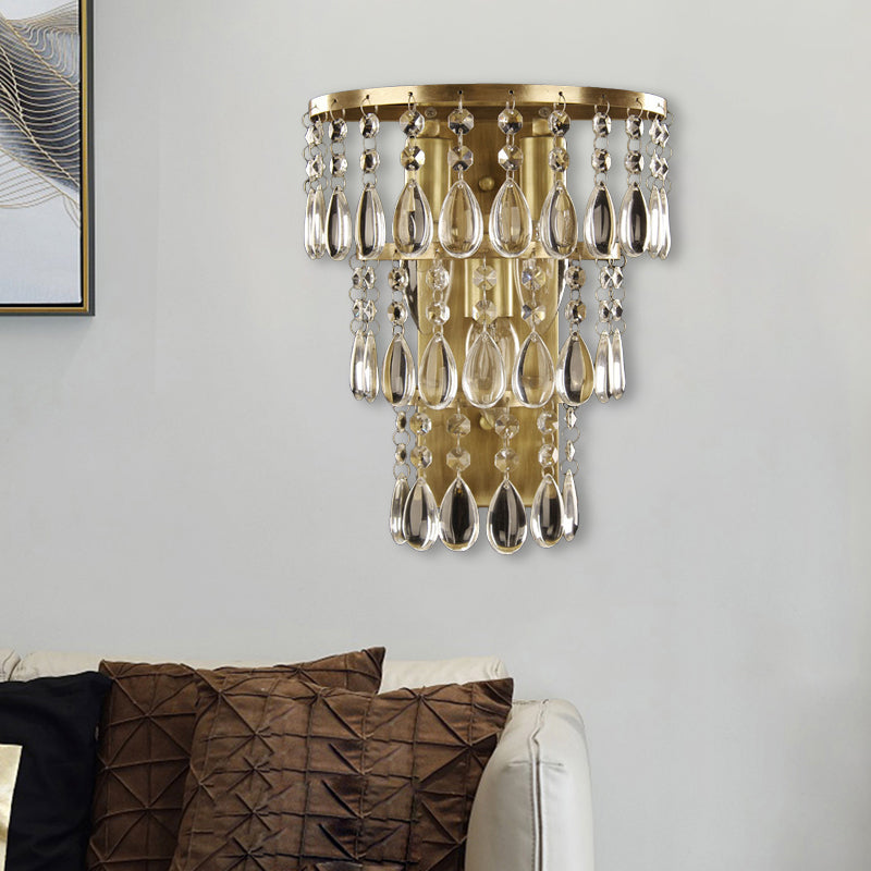 3-Head Crystal Drip Sconce Light Fixture Rustic Brass Layered Bedside Wall Mounted Light