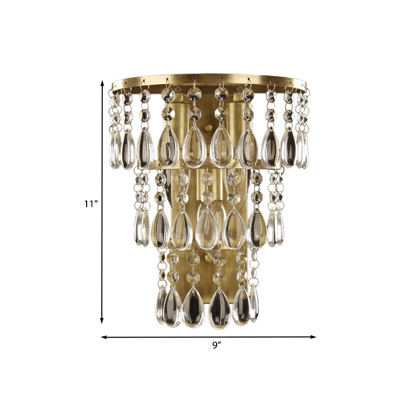 3-Head Crystal Drip Sconce Light Fixture Rustic Brass Layered Bedside Wall Mounted Light